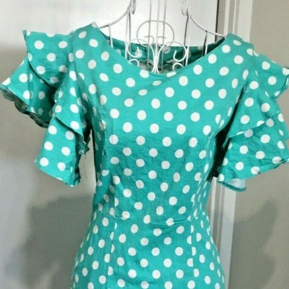Ladies Dress Aqua White Polka Dot ROCKABILLY Sz 8-10 VGUC Cap Sleeves - Picture 2 of 3